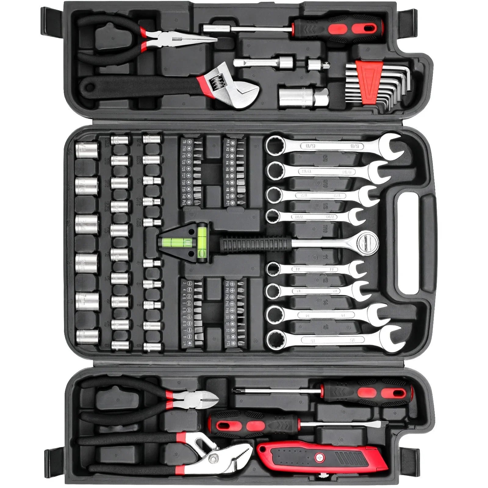 95-Piece Mechanics Tool Set with Adjustable Wrench, Pliers, Sockets & Bits (Red)