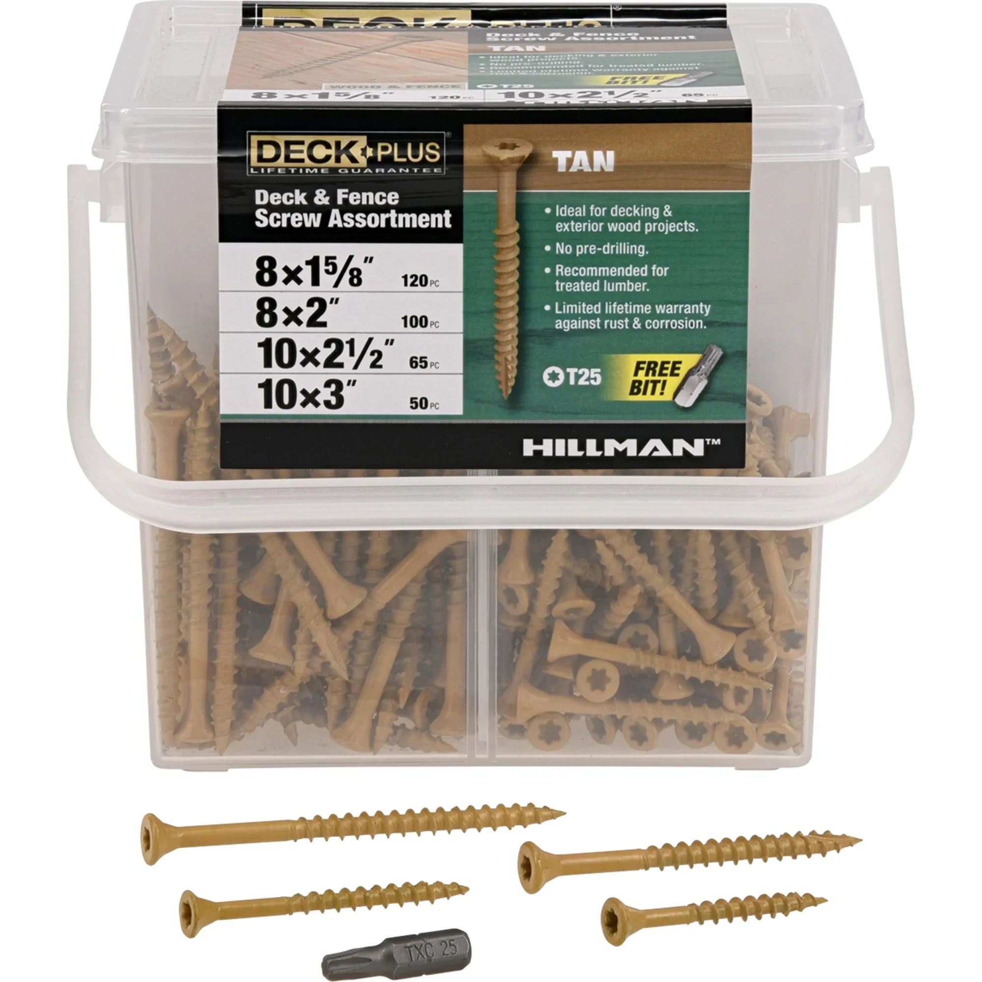 Deck Plus Tan Deck & Fence Screw Assortment, Steel, Various Sizes, 335 Pieces