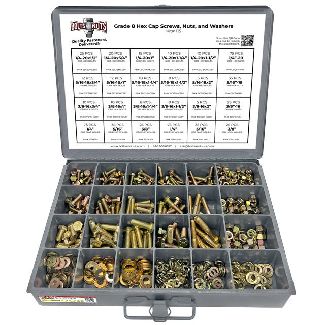 Grade 8 Hex Cap Bolts Screws, Nuts, Washers, Lock Washers Assortment Kit - 574 Pieces!