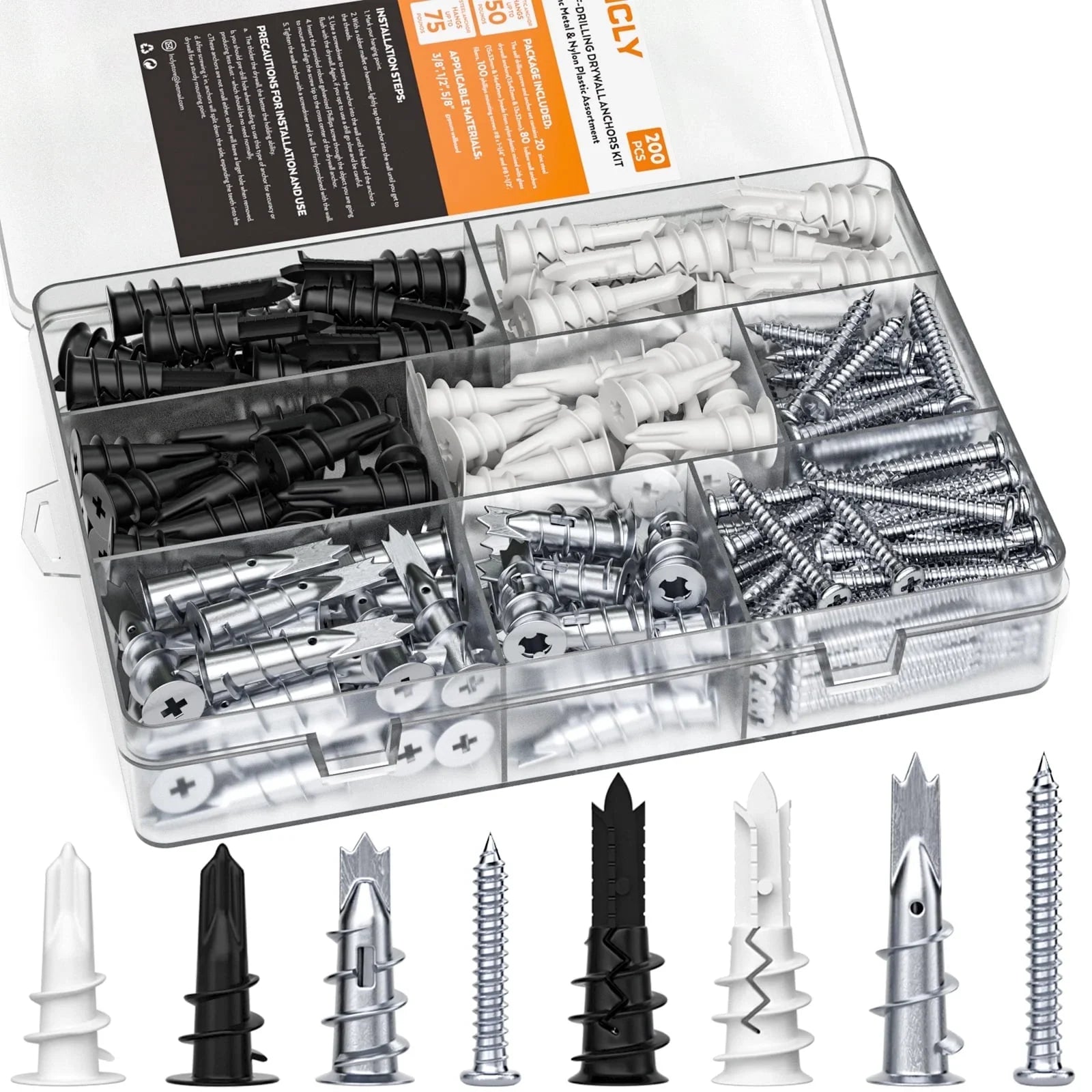 INCLY 200Pcs #8 Drywall Anchors Kit Self Drilling