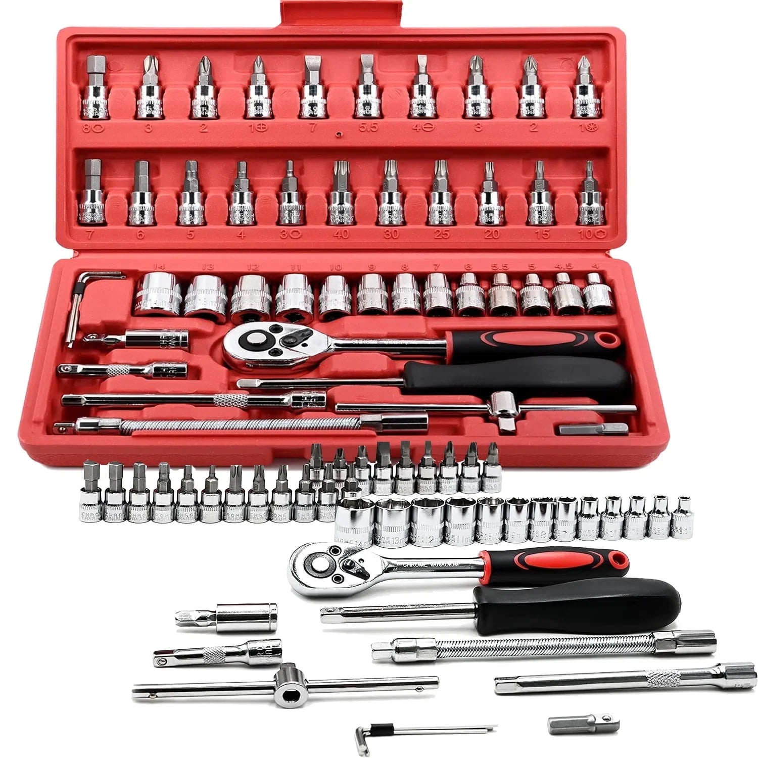 Cromatic Finish Drive Ratchet Socket Wrench & Set, 46 Pieces
